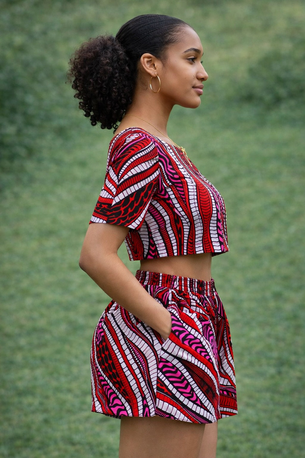 Women’s Red Pink African Print Crop Top and Shorts Set