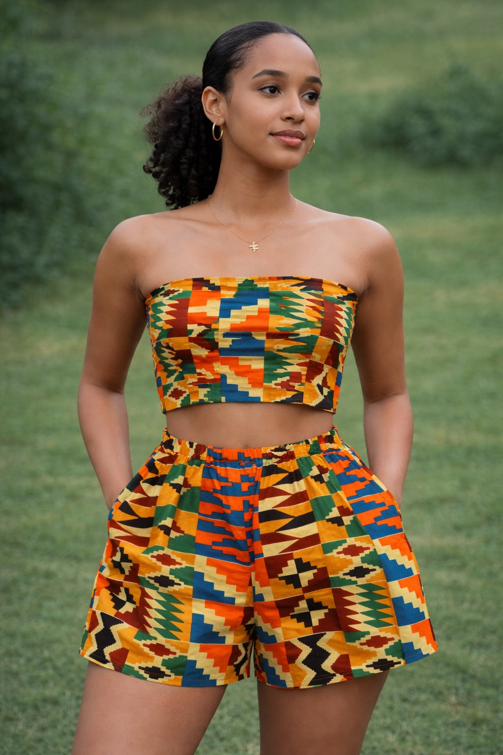 Women’s Kente Print Bandeau Top and Shorts Set