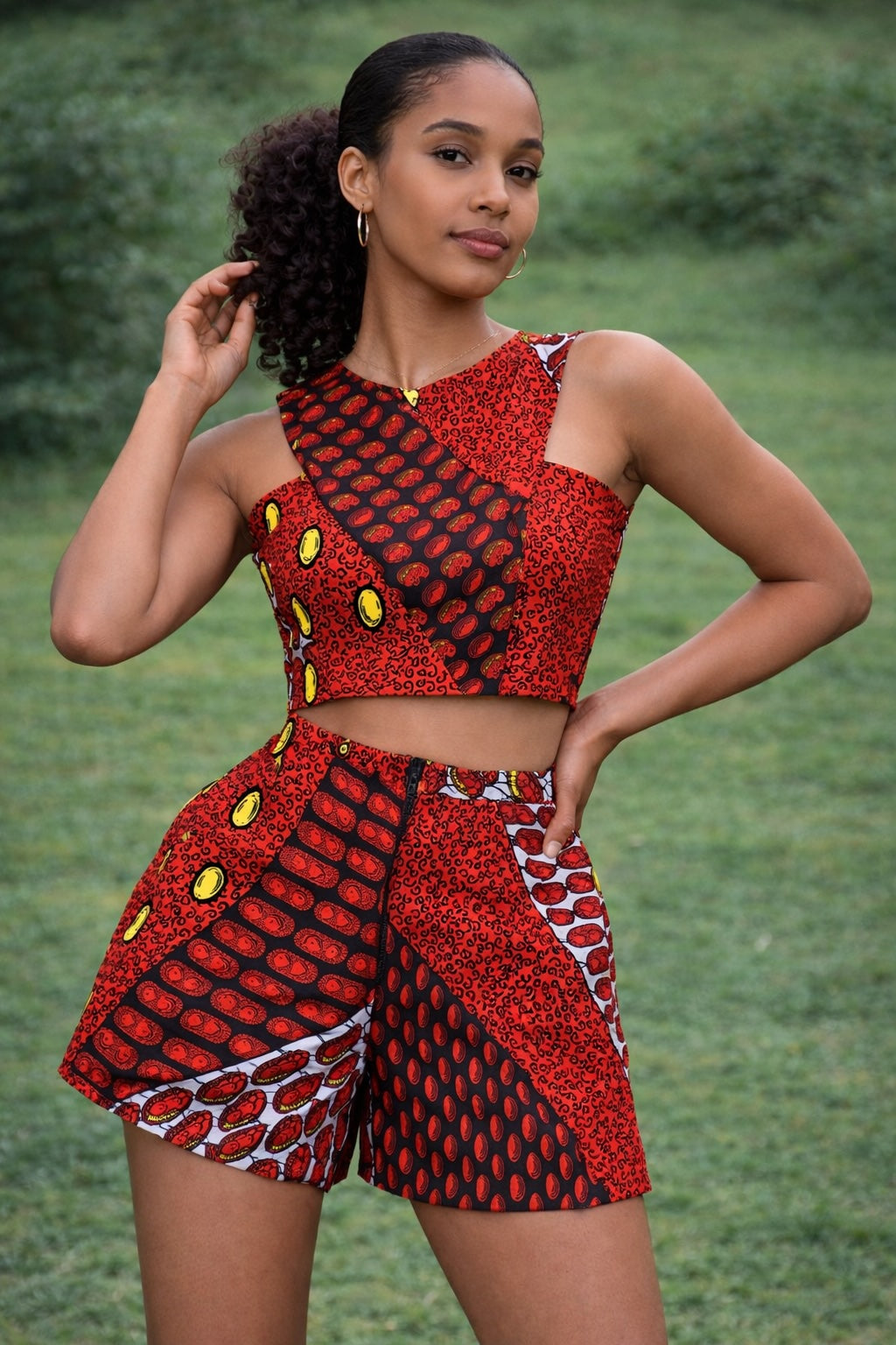 Women’s Red African Print One-Shoulder Crop Top and Shorts Set