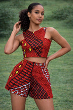 Women’s Red African Print One-Shoulder Crop Top and Shorts Set
