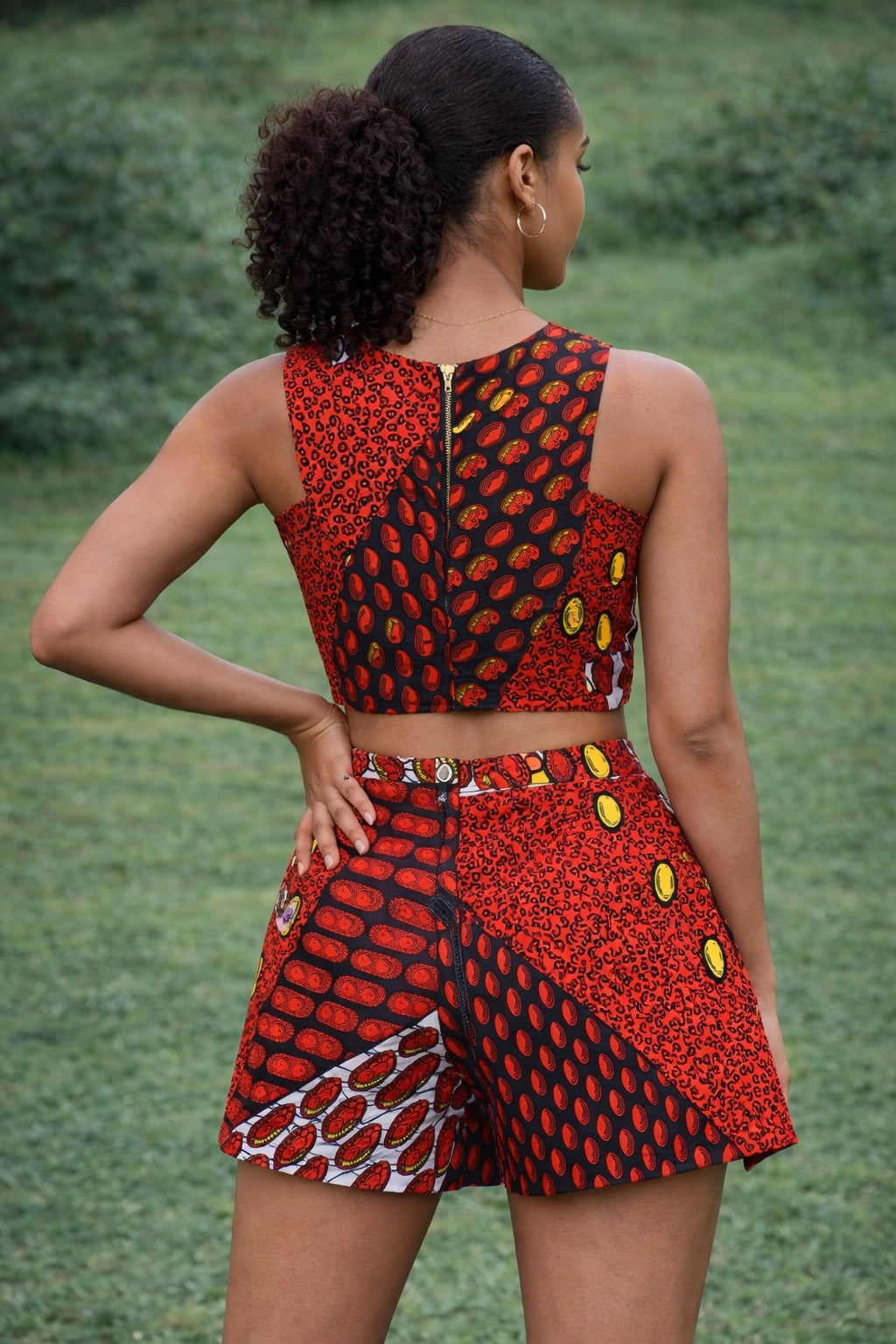 Women’s Red African Print One-Shoulder Crop Top and Shorts Set
