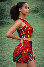 Women’s Red African Print One-Shoulder Crop Top and Shorts Set