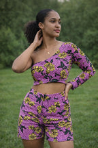 Women’s Pink Floral African Print One-Shoulder Top and Shorts Set