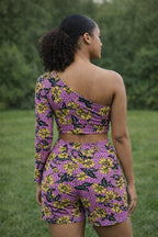 Women’s Pink Floral African Print One-Shoulder Top and Shorts Set