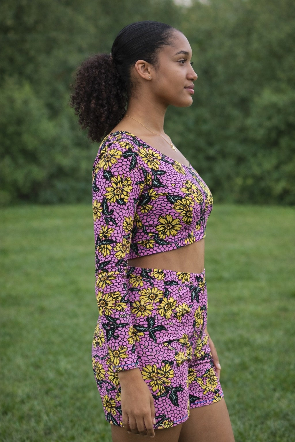 Women’s Pink Floral African Print One-Shoulder Top and Shorts Set