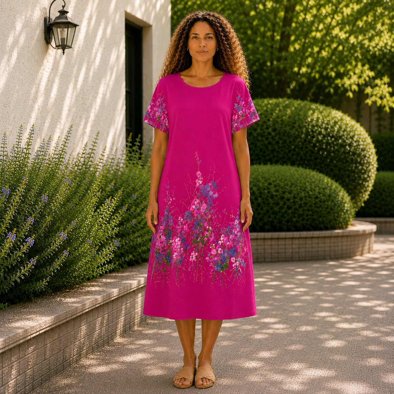 Women’s Floral Print Linen Tunic Short Sleeve Dress – Free Size