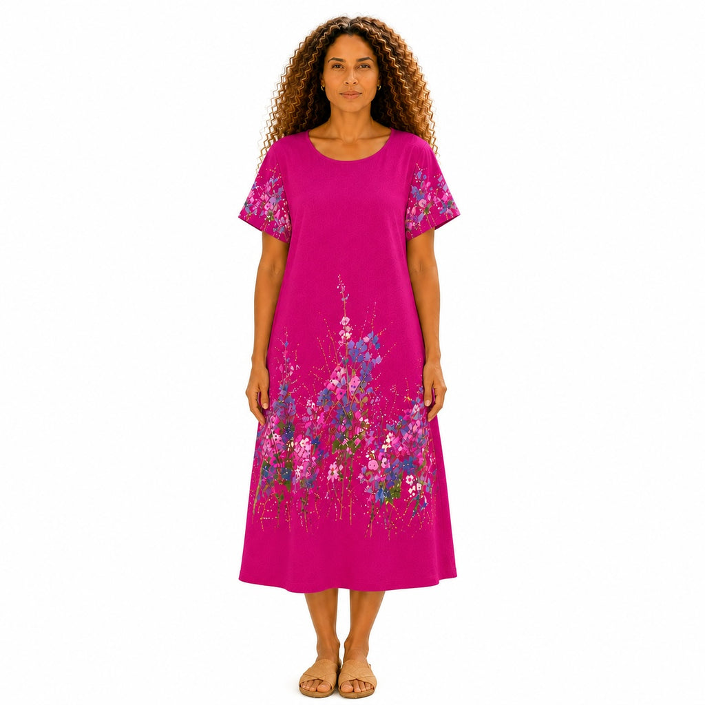 Women’s Floral Print Linen Tunic Short Sleeve Dress – Free Size