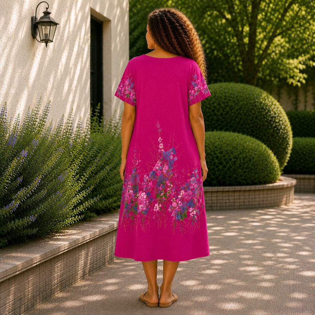 Women’s Floral Print Linen Tunic Short Sleeve Dress – Free Size