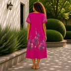 Women’s Floral Print Linen Tunic Short Sleeve Dress – Free Size