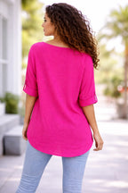 Women’s Cotton Necklace Top – Loose Fit Casual Tunic Blouse