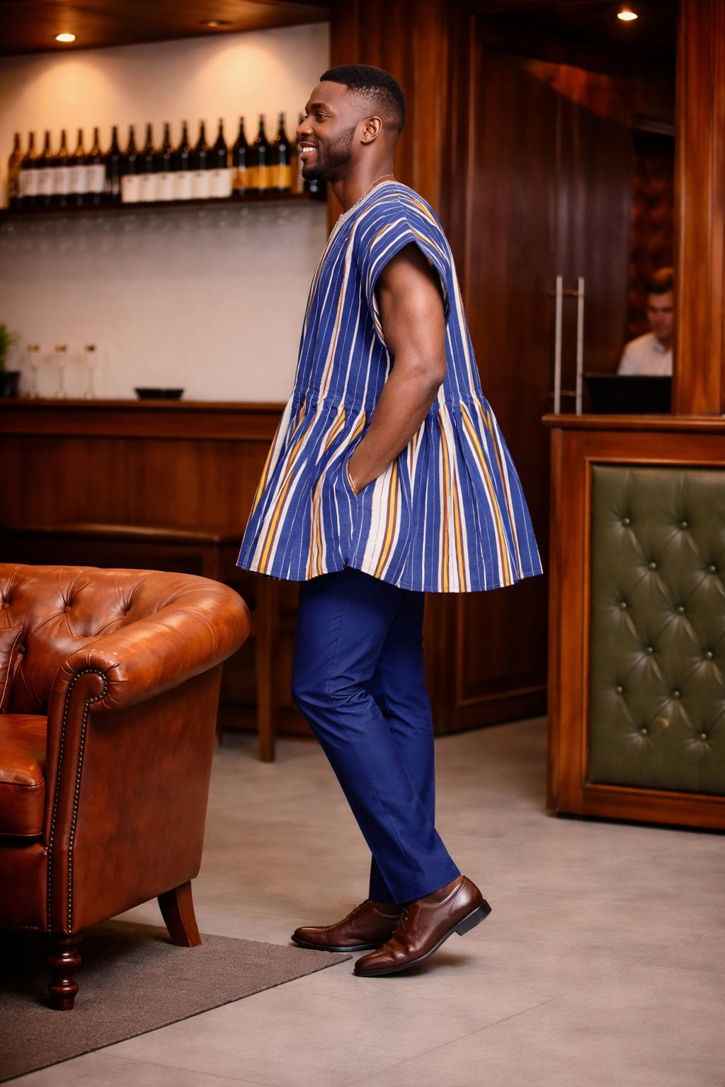 Royal Indigo Multi-Stripe Sleeveless Fugu Smock Top