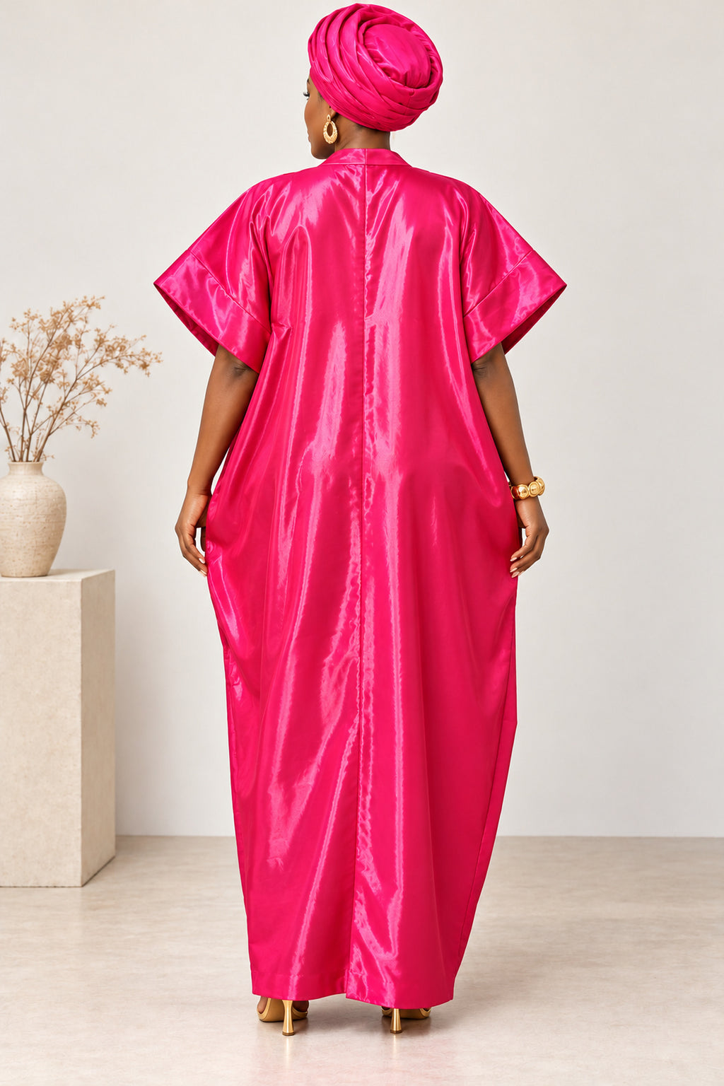 Adufe Fuchsia Pink Satin Maxi Kaftan Dress – Elegant African Boubou with Gold Embellishments