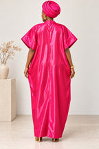 Adufe Fuchsia Pink Satin Maxi Kaftan Dress – Elegant African Boubou with Gold Embellishments
