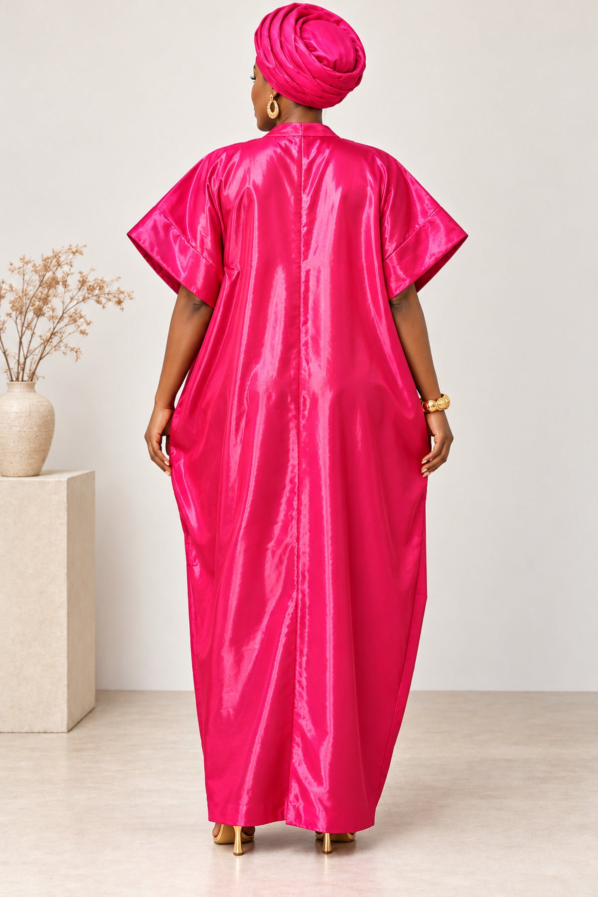 Adufe Fuchsia Pink Satin Maxi Kaftan Dress – Elegant African Boubou with Gold Embellishments