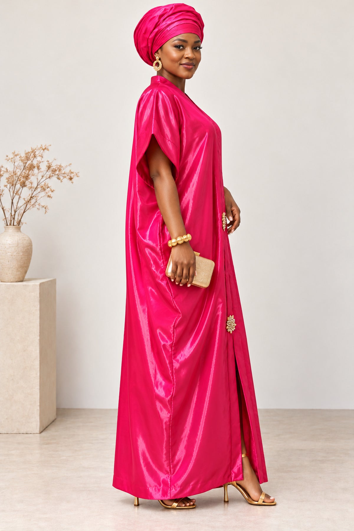 Adufe Fuchsia Pink Satin Maxi Kaftan Dress – Elegant African Boubou with Gold Embellishments