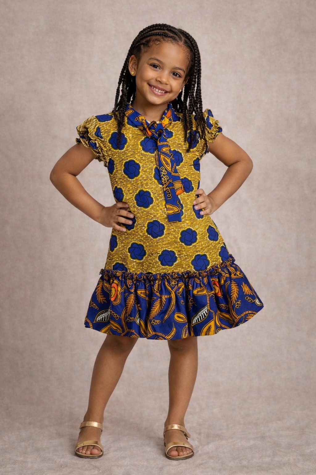 Girls Gold & Blue African Print Bow Neck Ruffle Hem Dress