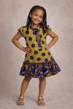 Girls Gold & Blue African Print Bow Neck Ruffle Hem Dress
