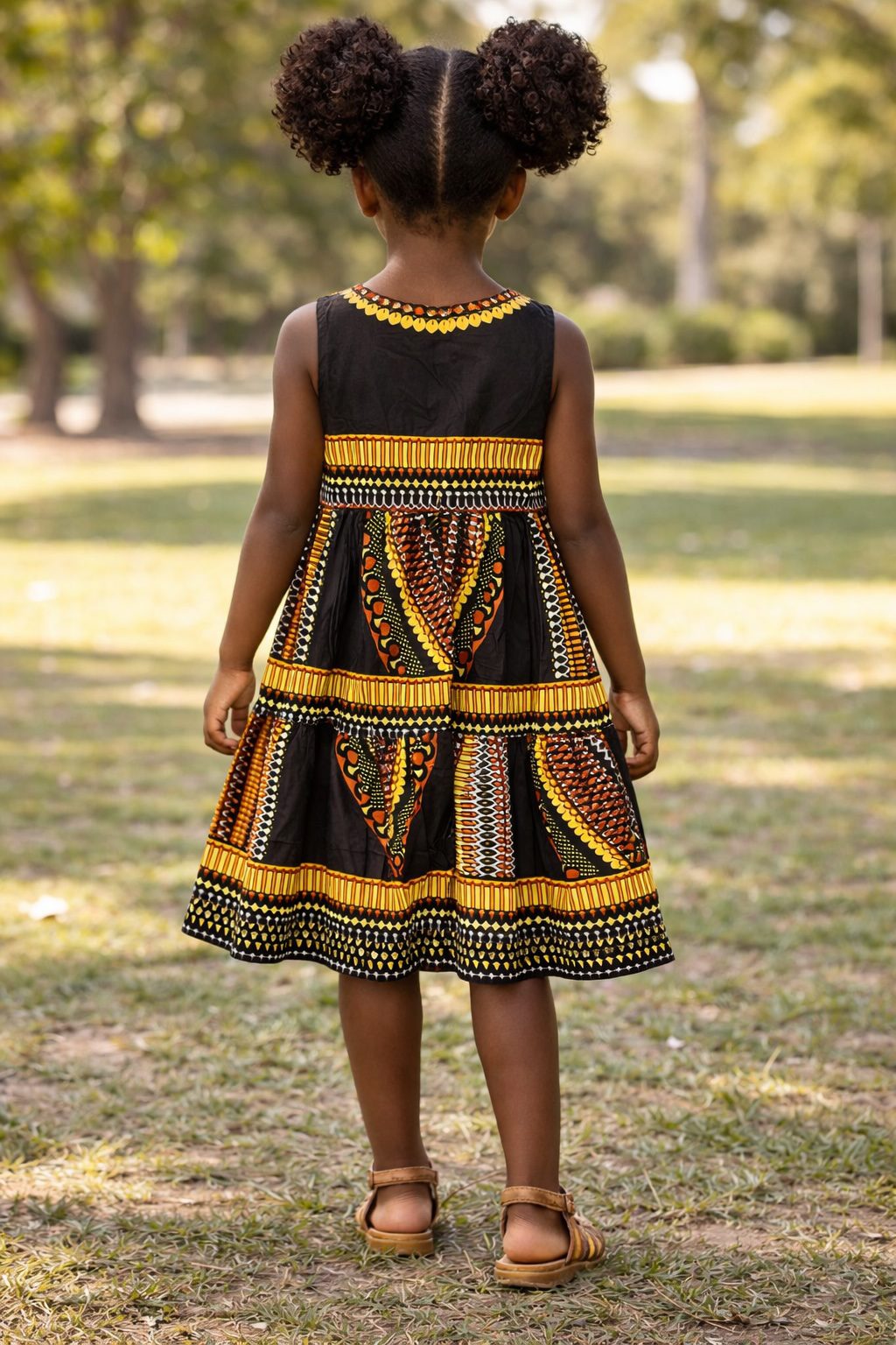Girls Black and Gold Ankara Tiered Dress – African Print Party Dress