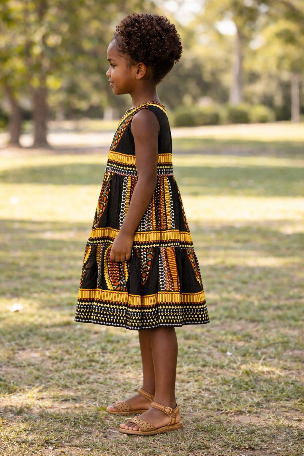 Girls Black and Gold Ankara Tiered Dress – African Print Party Dress