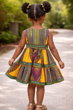 Girls Yellow Ankara Tiered Dress – African Print Summer Party Dress
