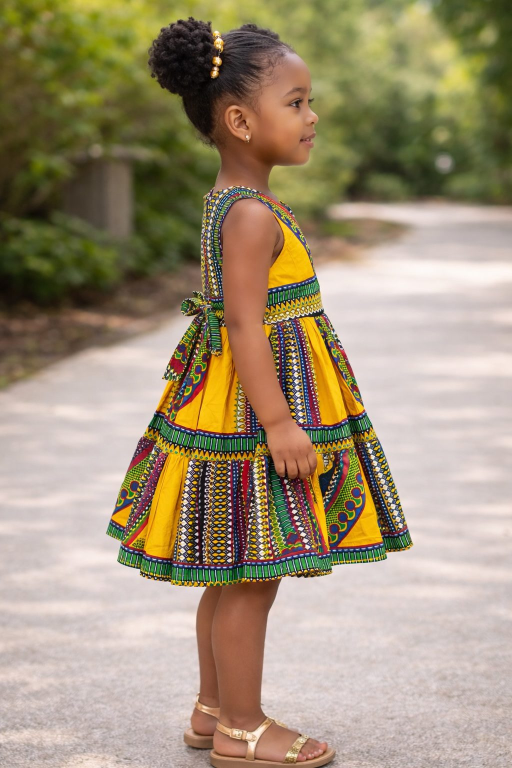 Girls Yellow Ankara Tiered Dress – African Print Summer Party Dress