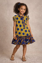 Girls Gold & Blue African Print Bow Neck Ruffle Hem Dress