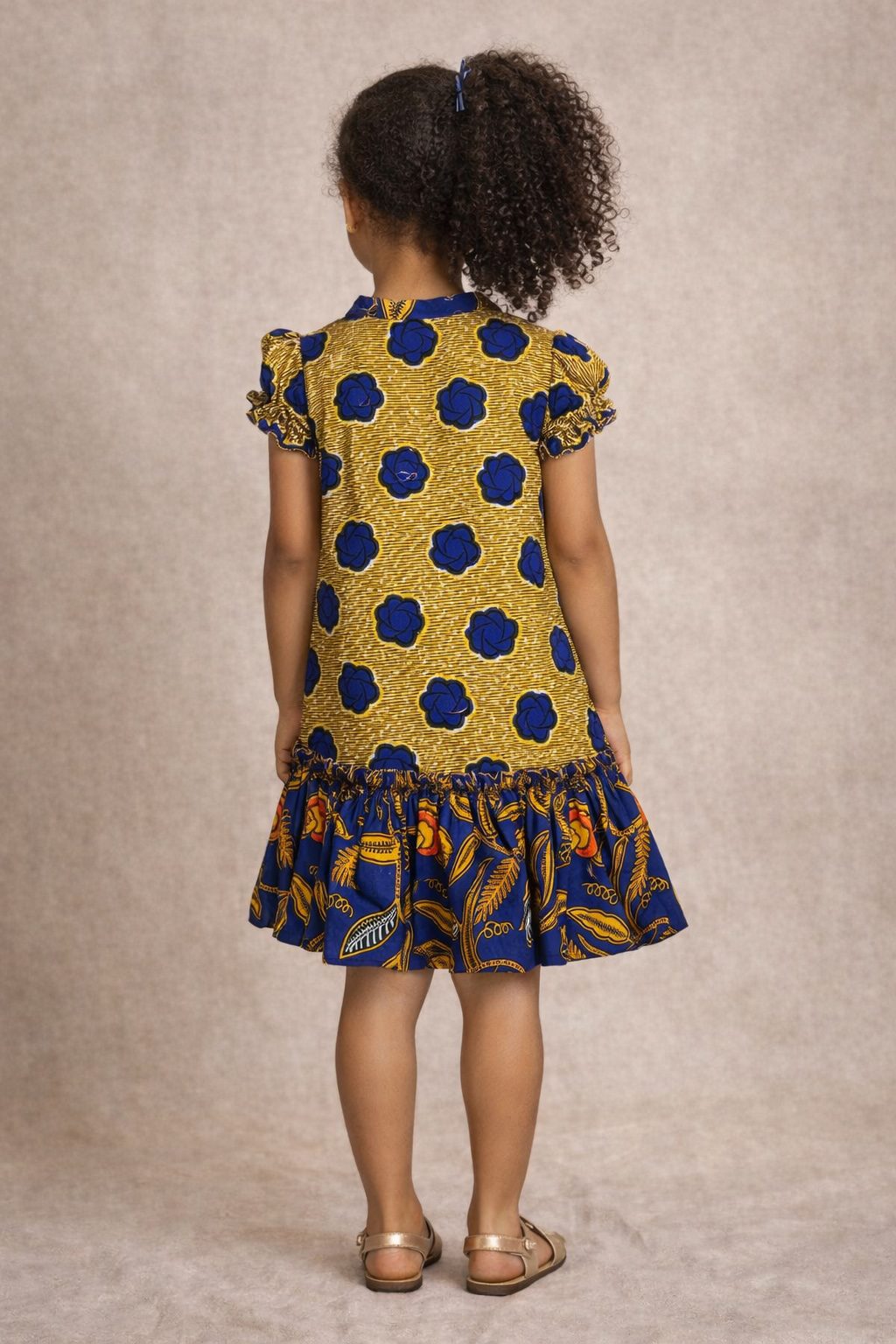 Girls Gold & Blue African Print Bow Neck Ruffle Hem Dress