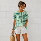 Women’s Geometric Stripe Print Cotton Top – Relaxed Summer Blouse