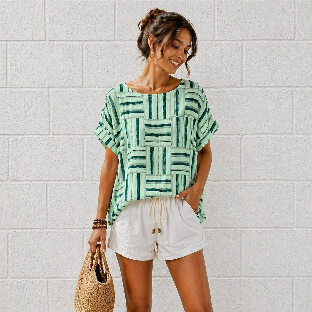 Women’s Geometric Stripe Print Cotton Top – Relaxed Summer Blouse