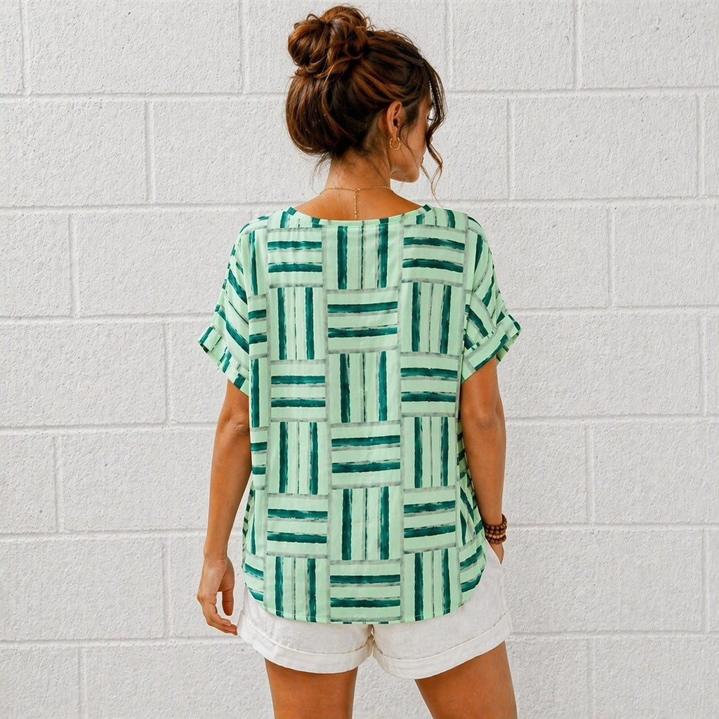 Women’s Geometric Stripe Print Cotton Top – Relaxed Summer Blouse