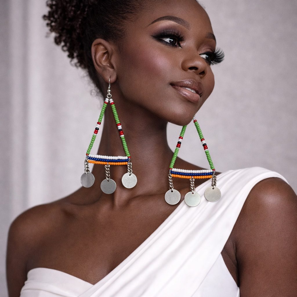 Handmade African Beaded Triangle Drop Earrings