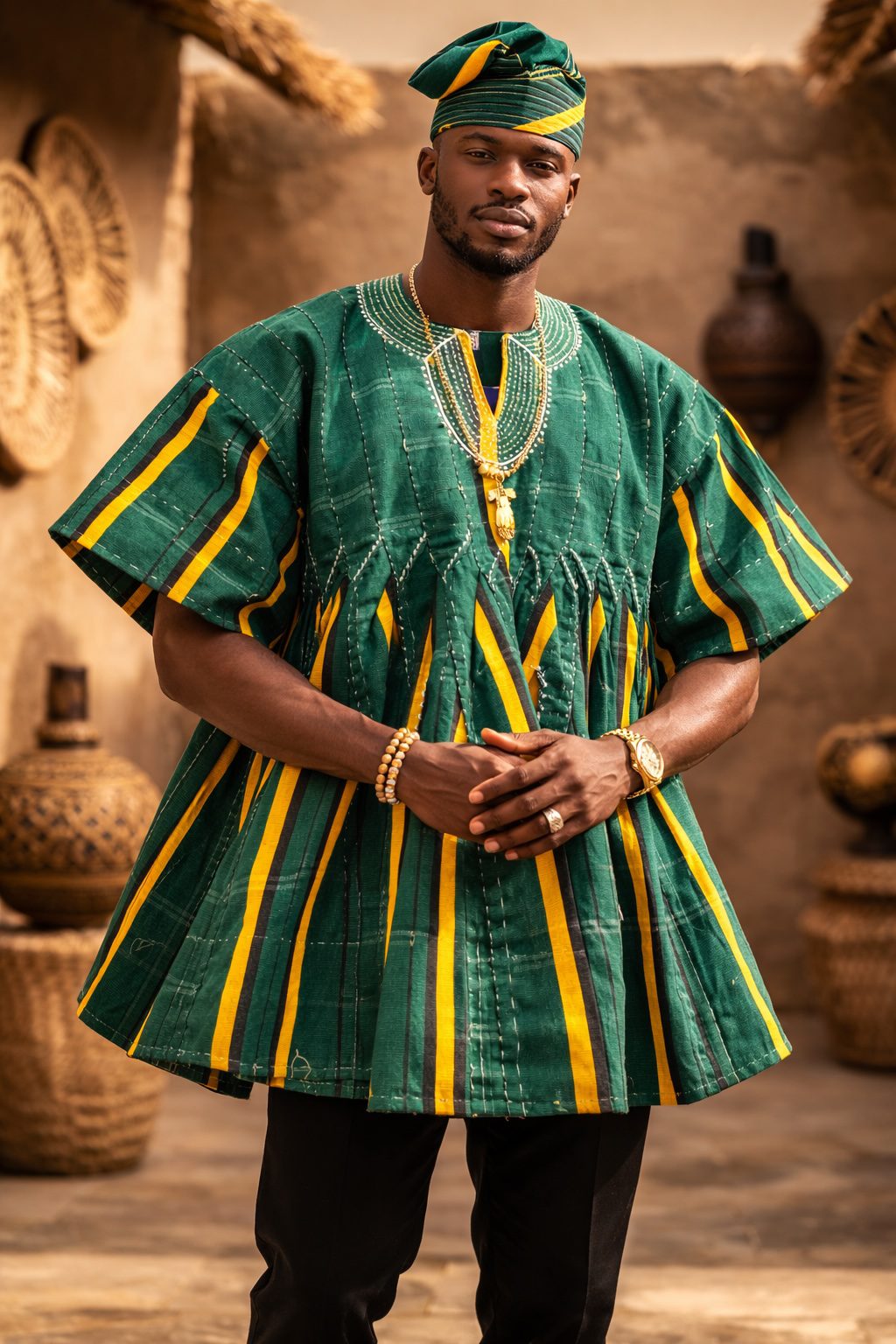 Green African Fugu Top – Handwoven Batakari Style Smock
