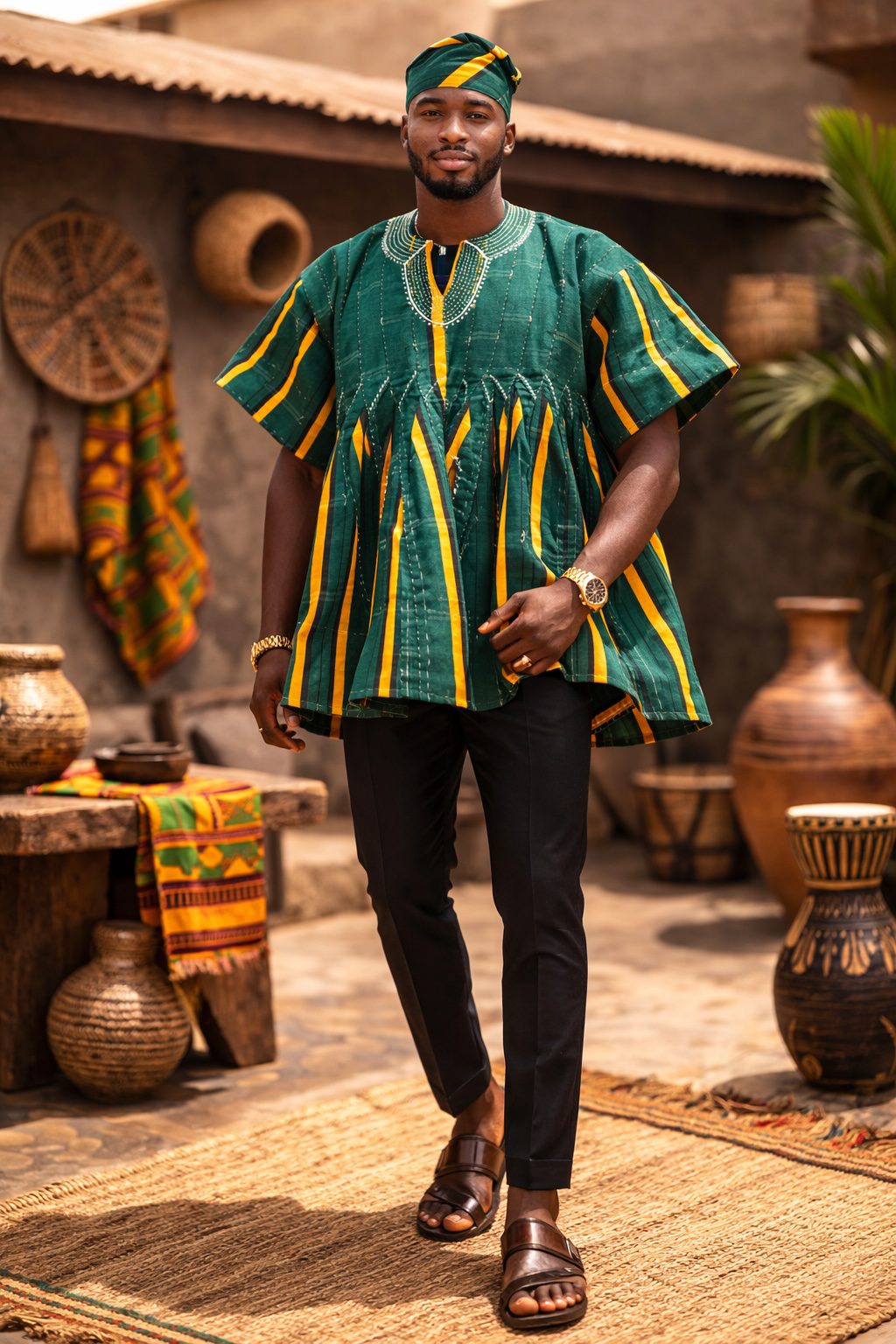 Green African Fugu Top – Handwoven Batakari Style Smock