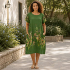 Women’s Floral Print Linen Tunic Short Sleeve Dress – Free Size