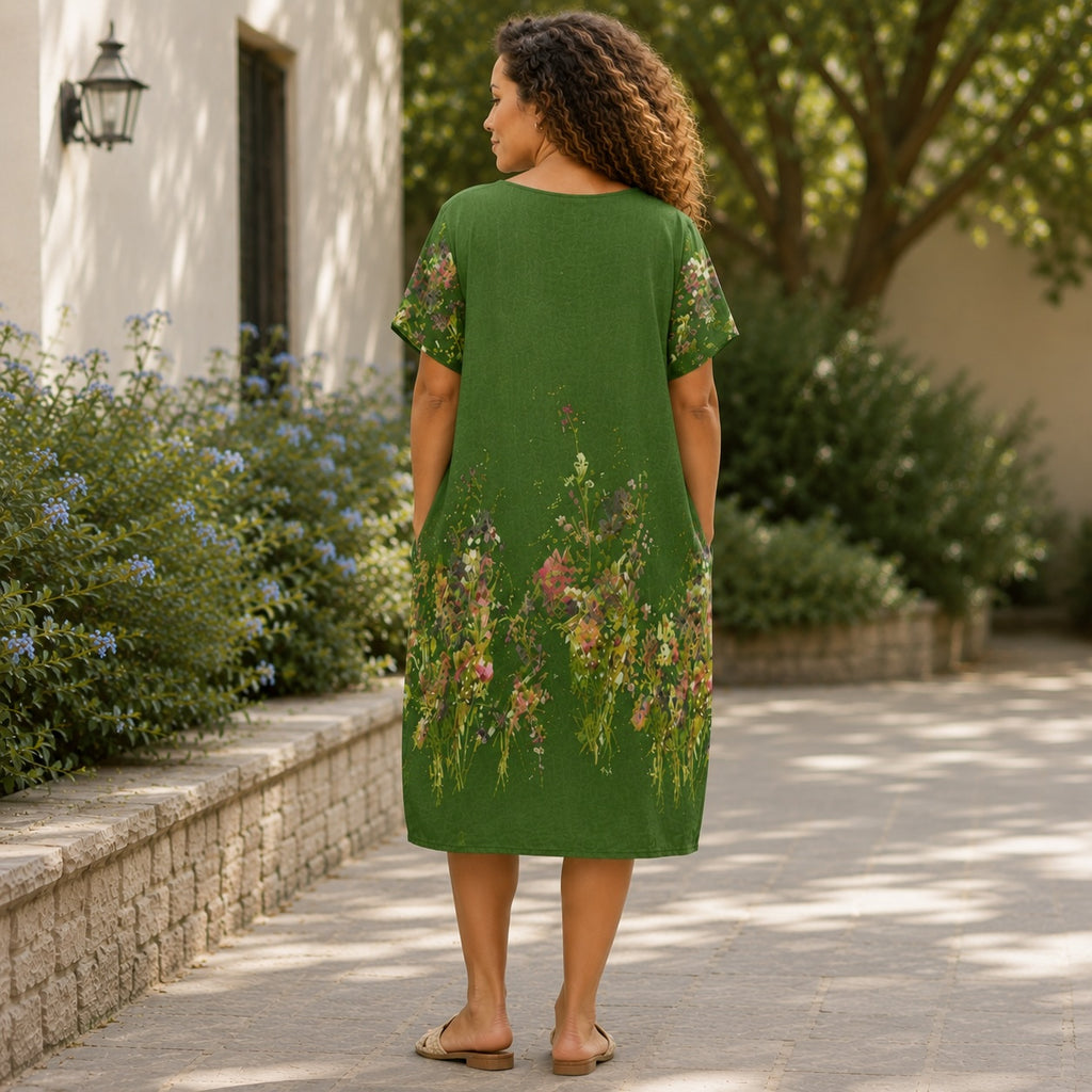 Women’s Floral Print Linen Tunic Short Sleeve Dress – Free Size