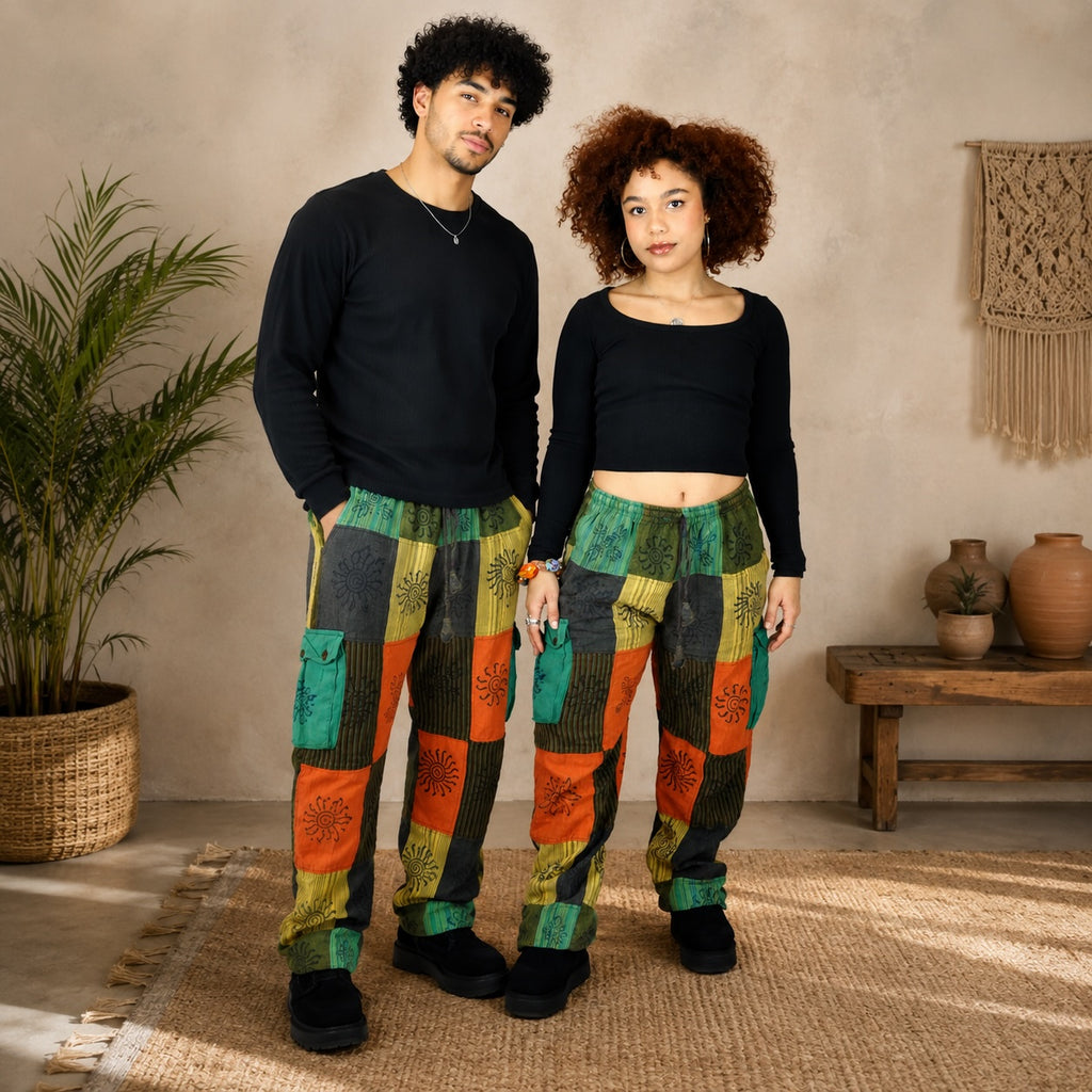 Unisex African Patchwork Cargo Trousers – Boho Wide Leg Festival Pants