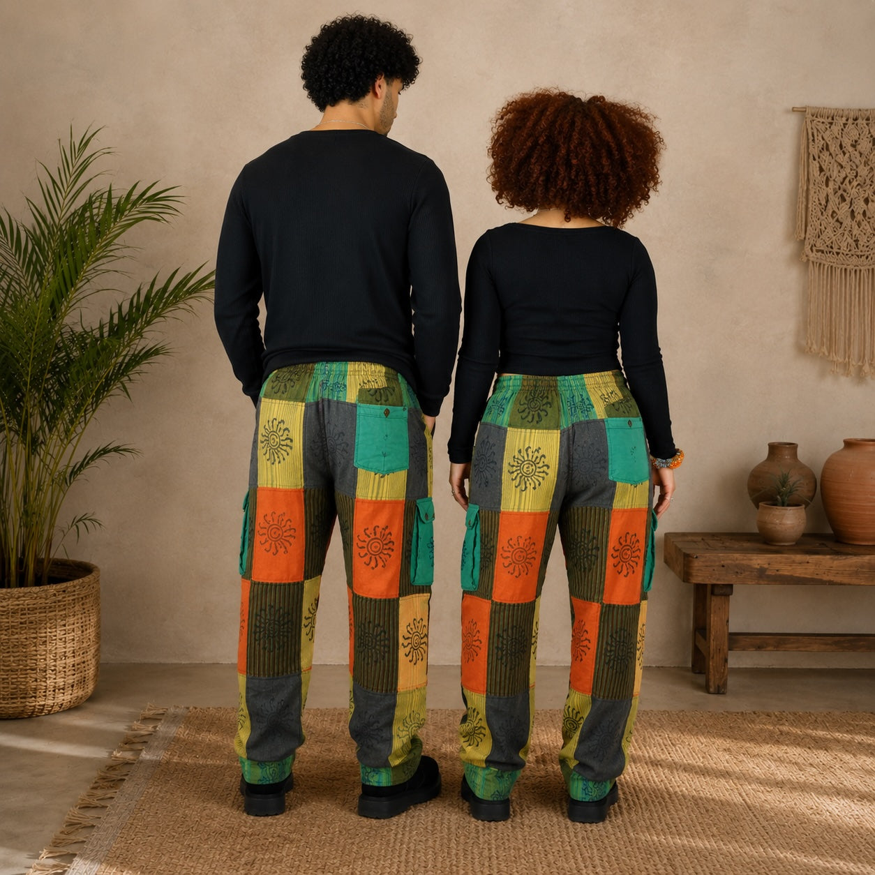 Unisex African Patchwork Cargo Trousers – Boho Wide Leg Festival Pants