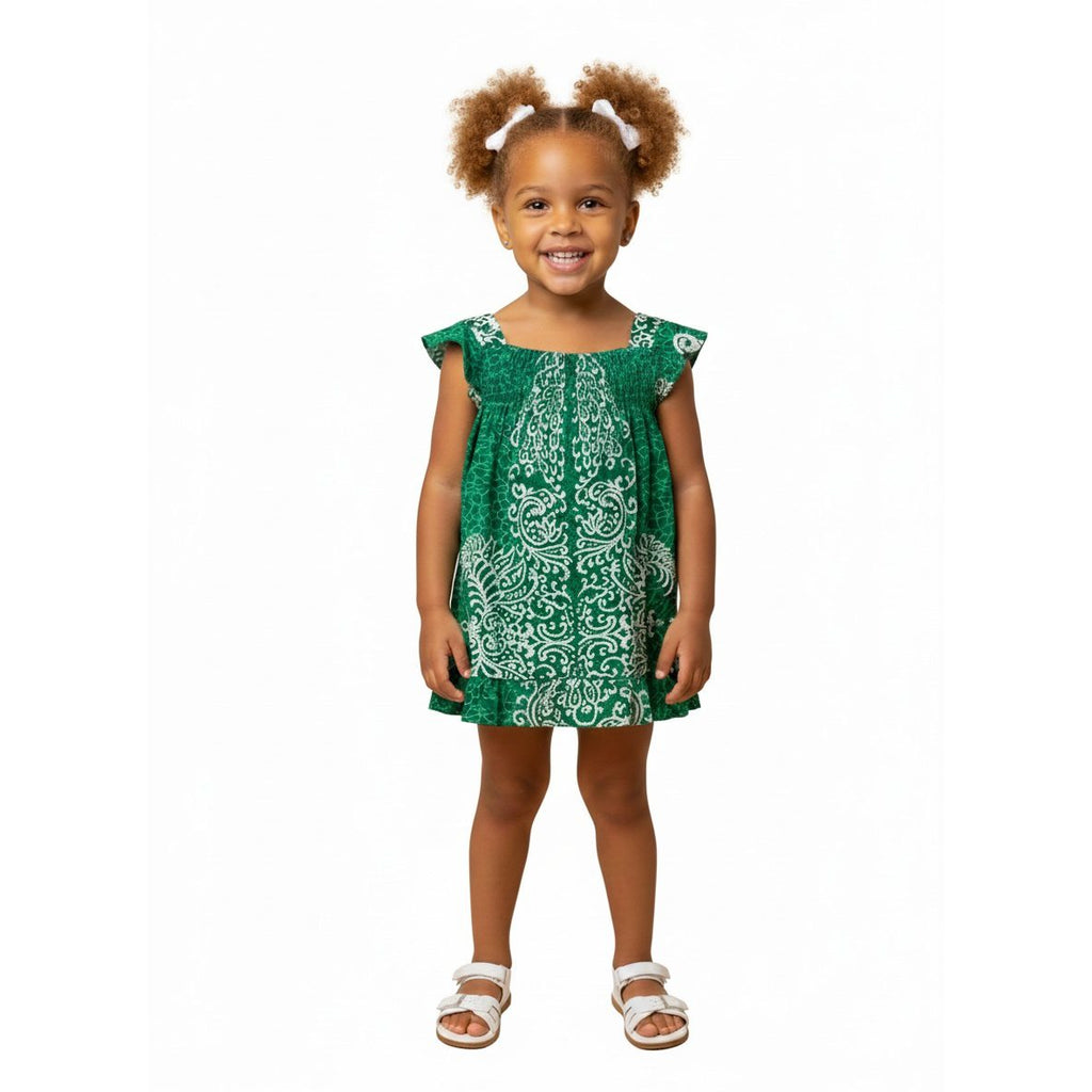 Girls Green African Print Dress – Smocked Cotton Kids Summer Dress
