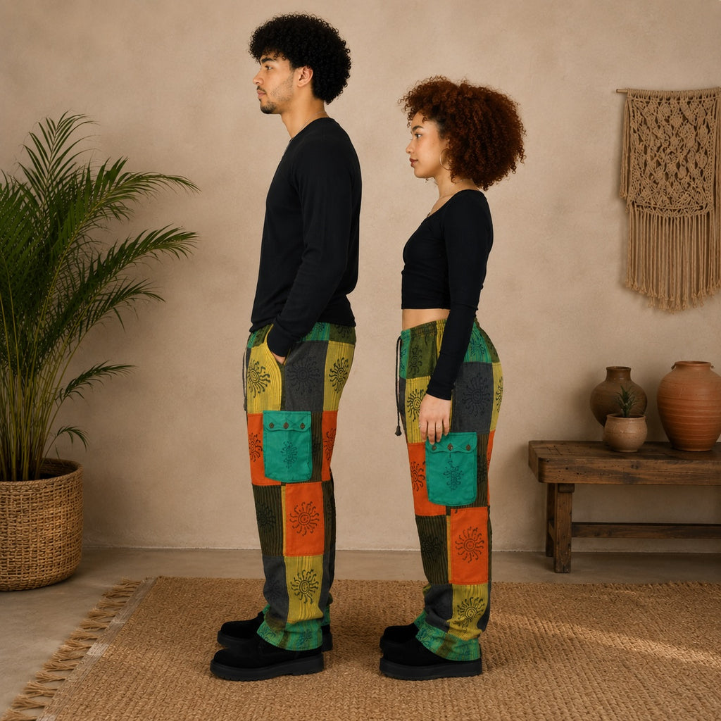 Unisex African Patchwork Cargo Trousers – Boho Wide Leg Festival Pants