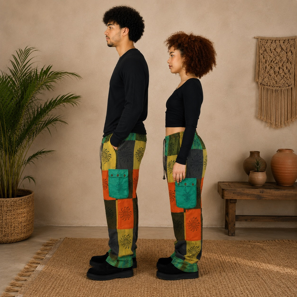 Unisex African Patchwork Cargo Trousers – Boho Wide Leg Festival Pants