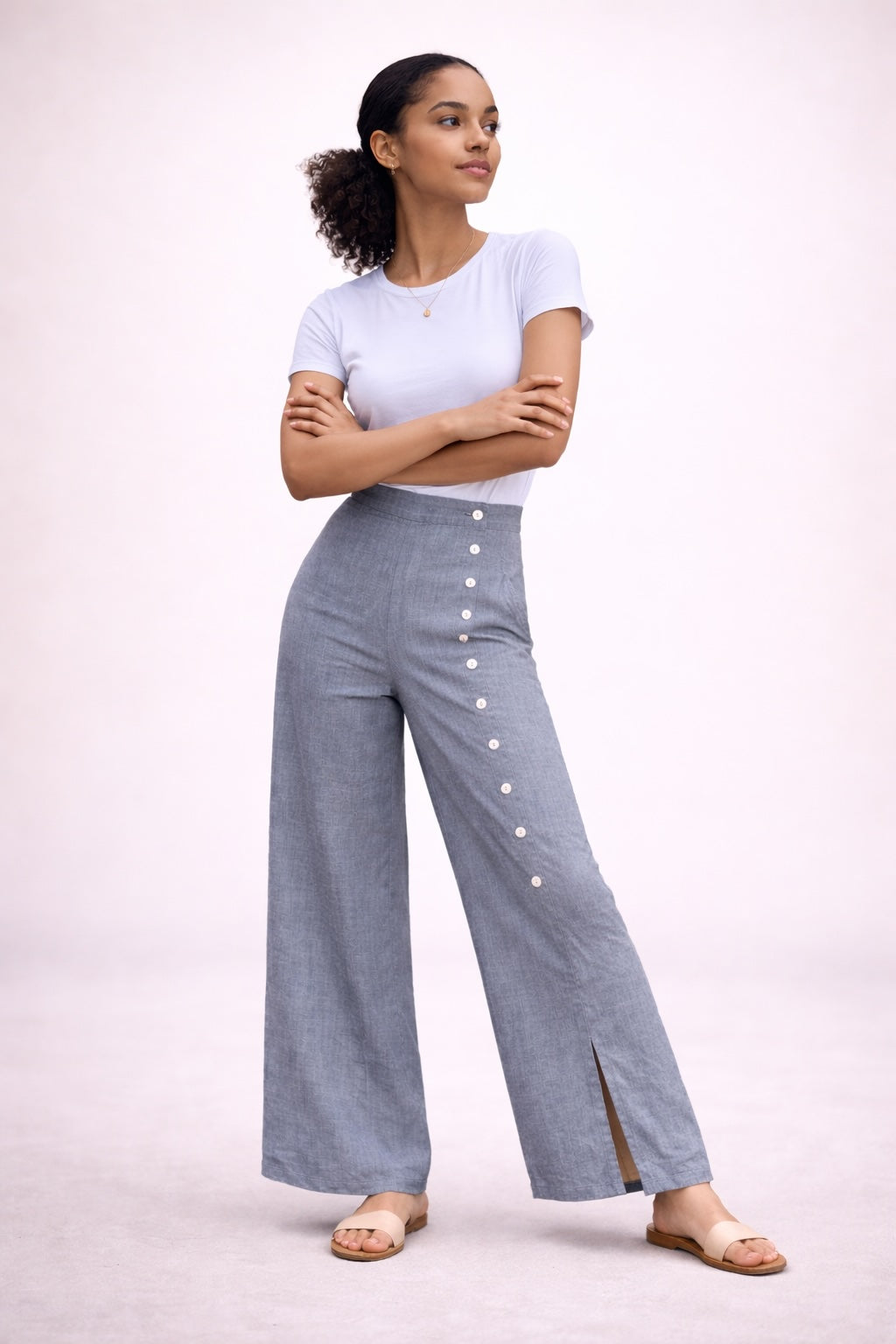 Women’s Button Detail Wide Leg Linen Blend Trousers