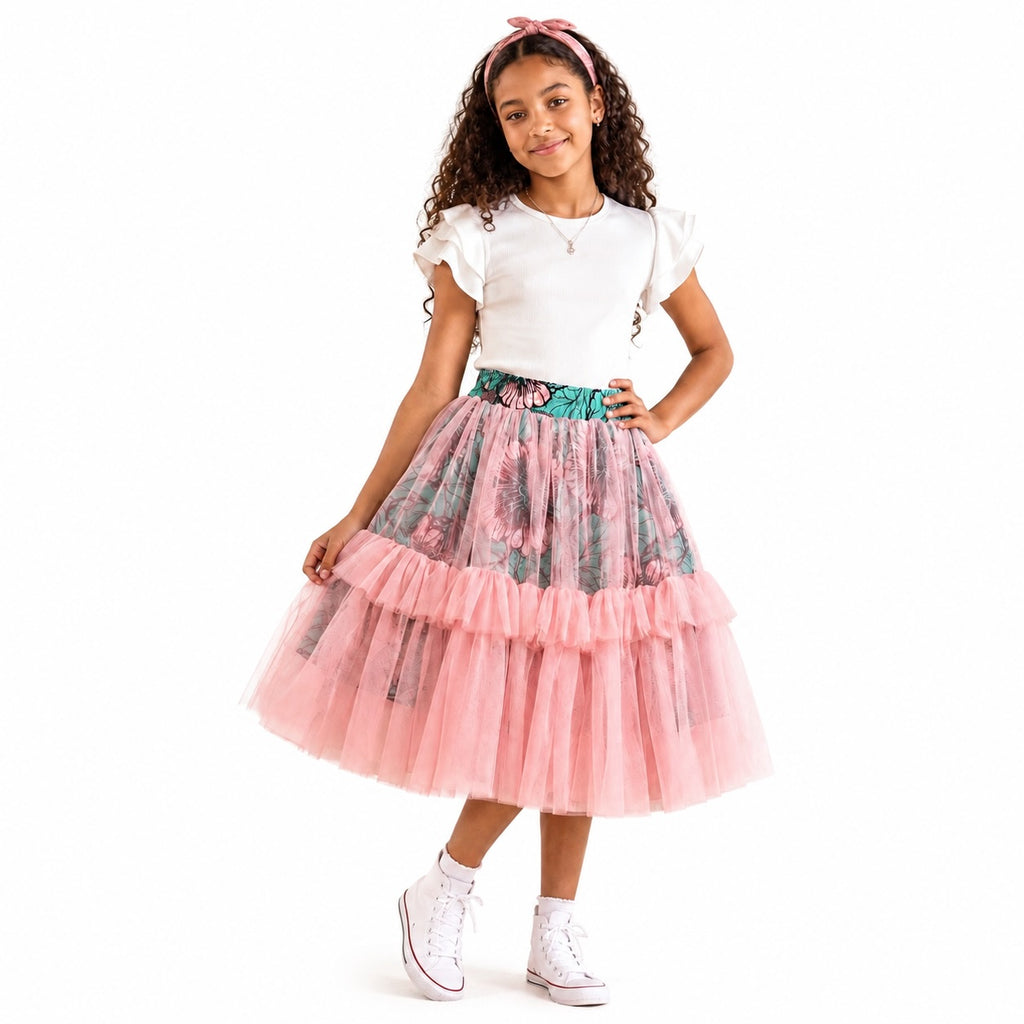 Girls African Print Pink Tulle Layered Skirt