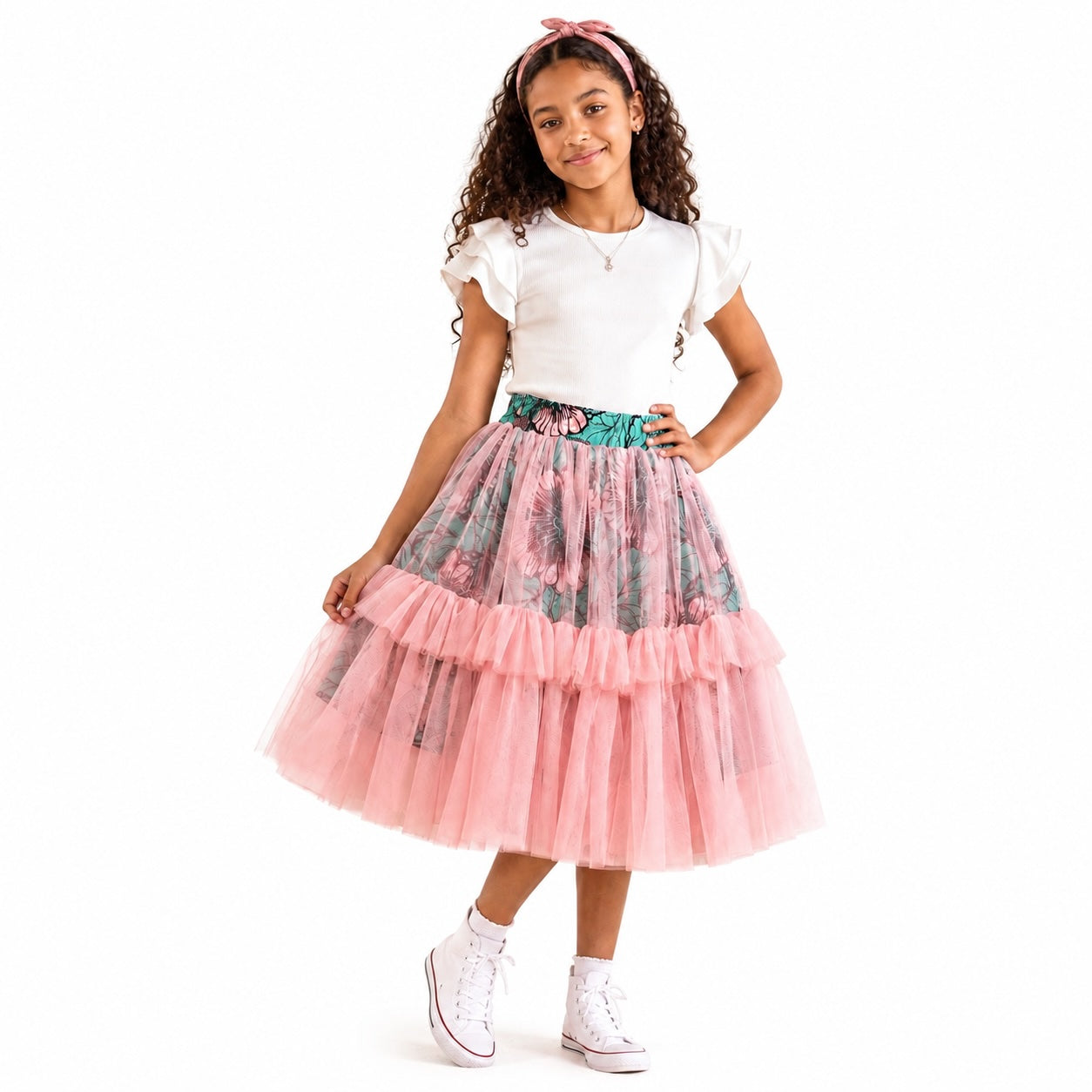Girls African Print Pink Tulle Layered Skirt