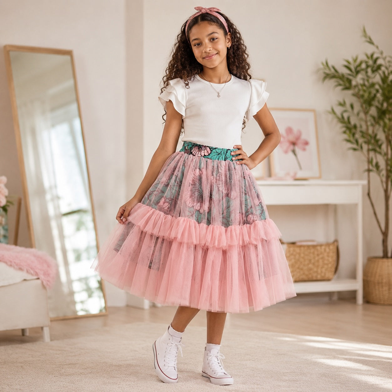 Girls African Print Pink Tulle Layered Skirt