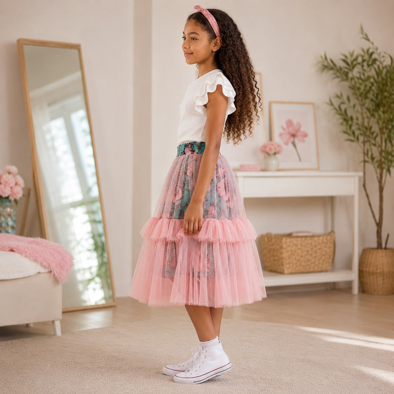 Girls African Print Pink Tulle Layered Skirt