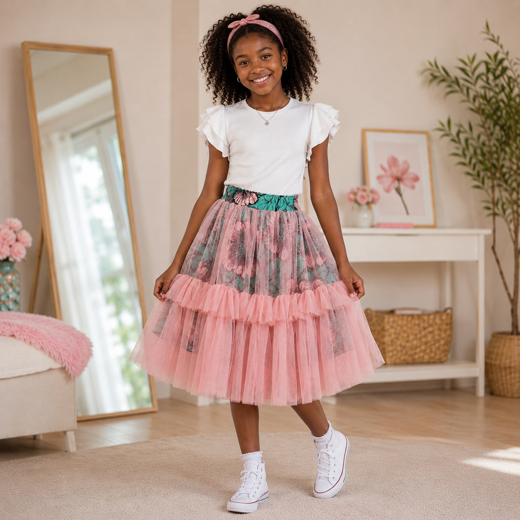 Girls African Print Pink Tulle Layered Skirt