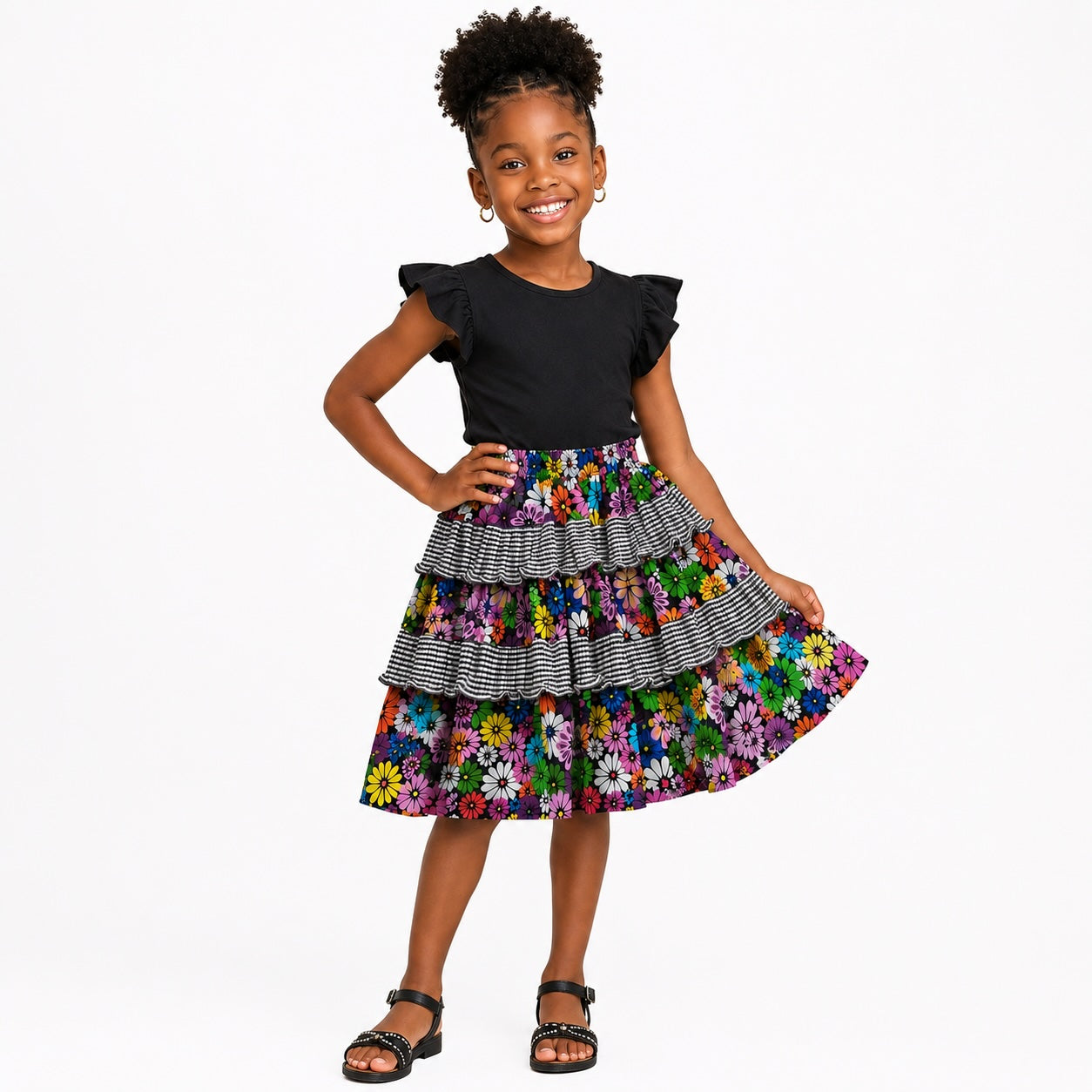 Girls Multicoloured Floral African Print Layered Skirt
