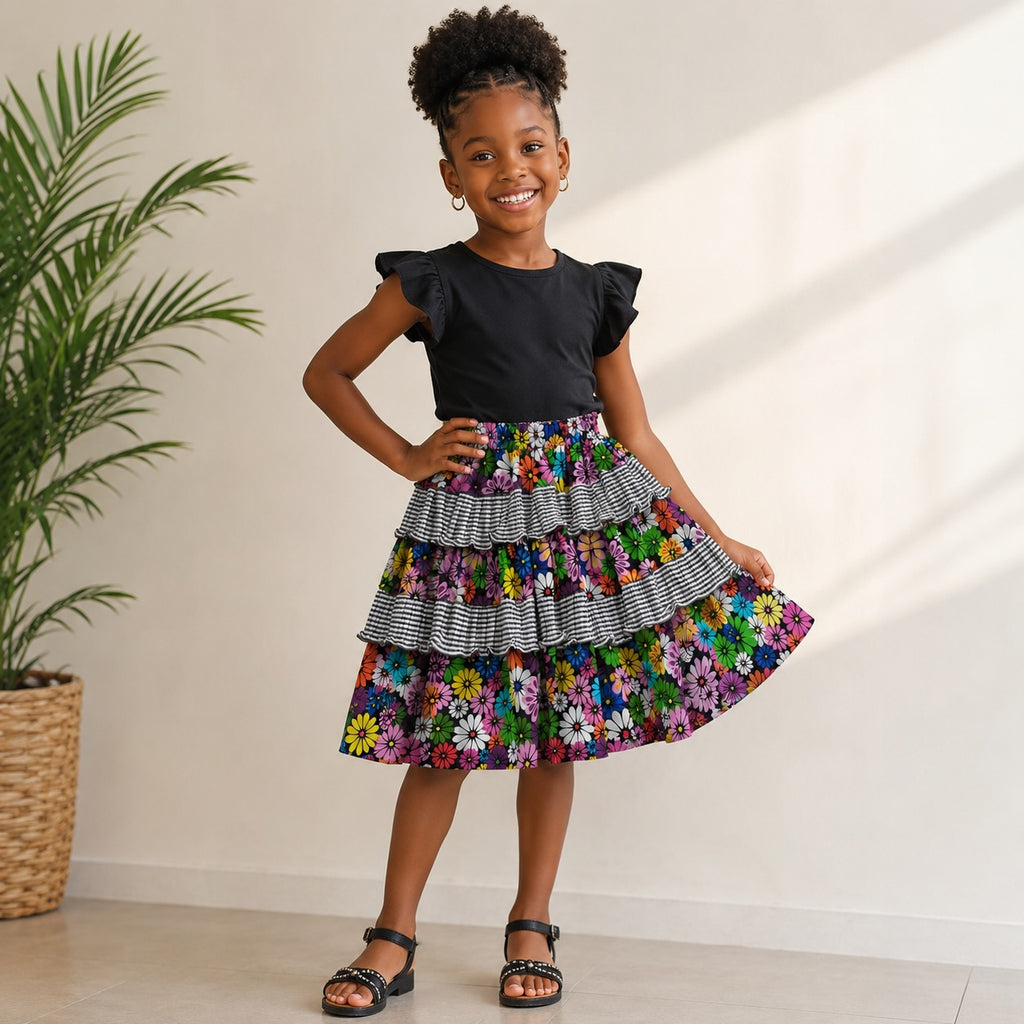 Girls Multicoloured Floral African Print Layered Skirt