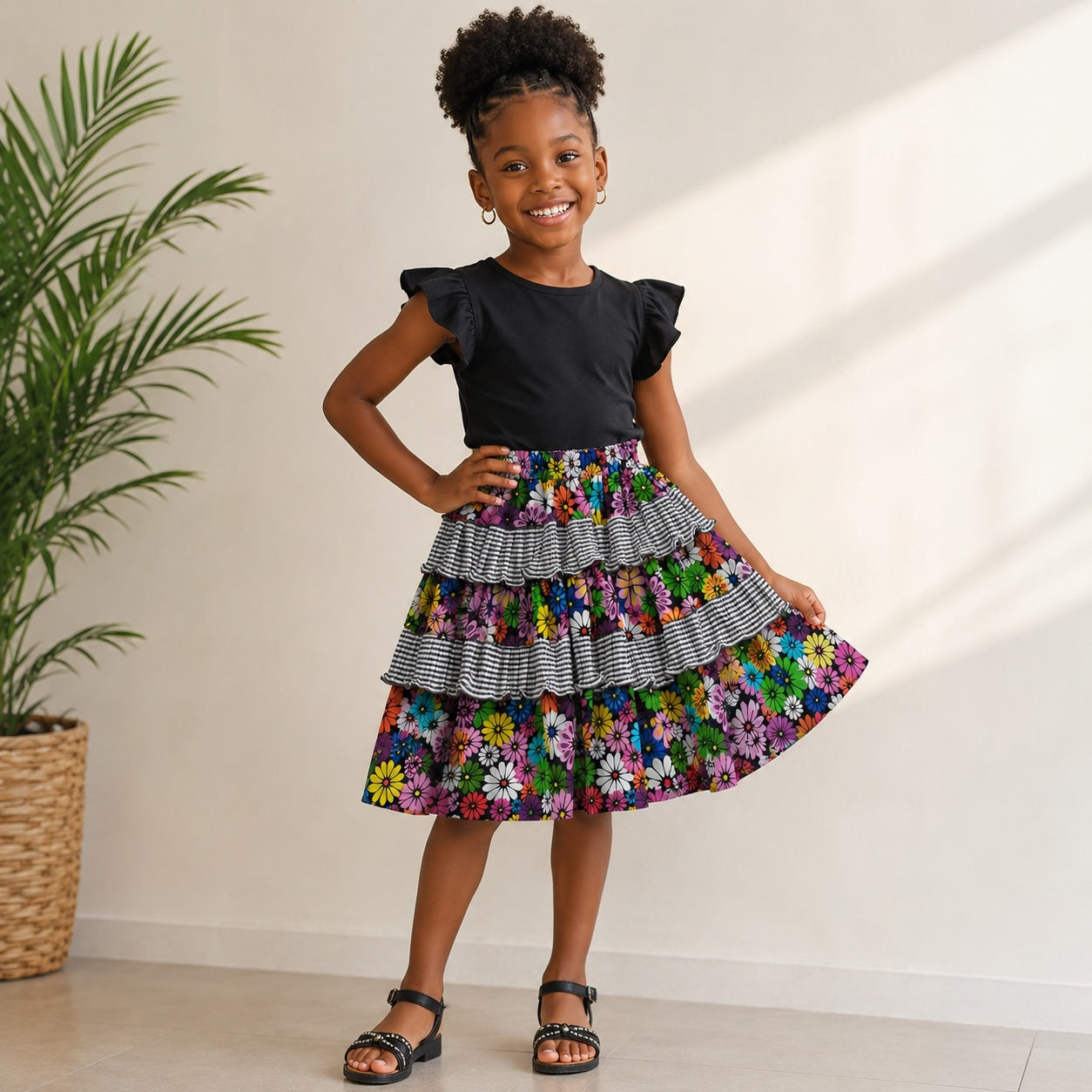 Girls Multicoloured Floral African Print Layered Skirt