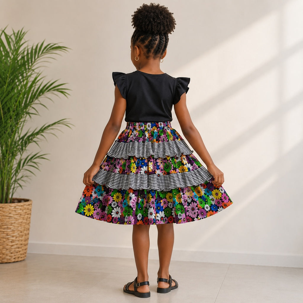 Girls Multicoloured Floral African Print Layered Skirt